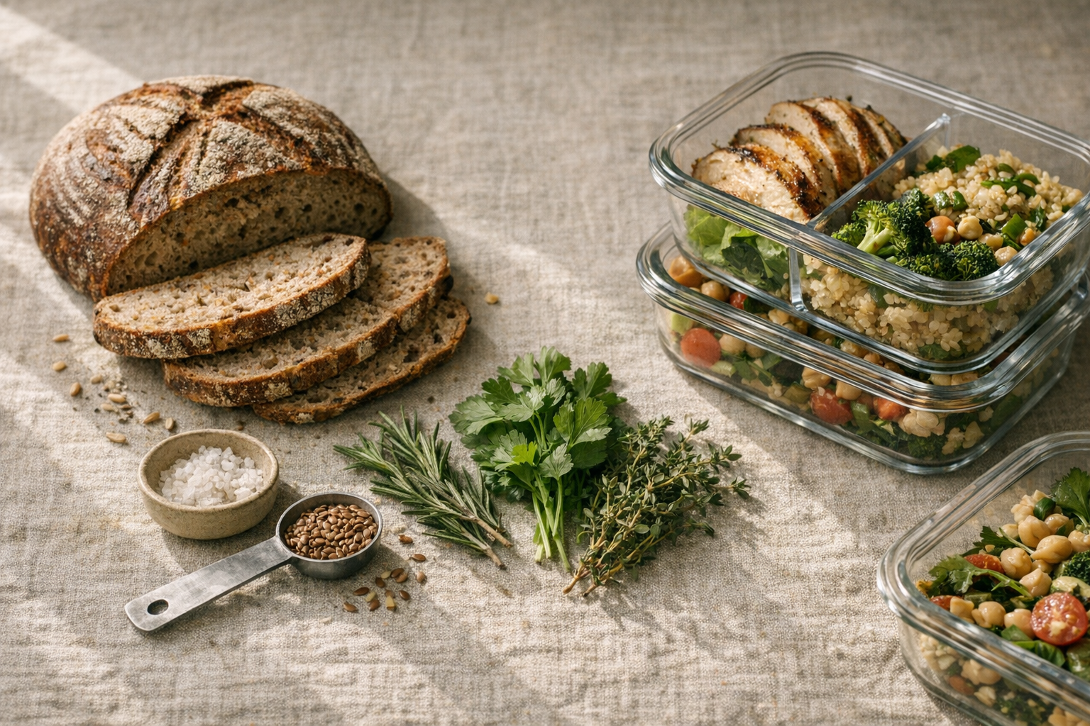 Whole ingredients and meal-prep still life
