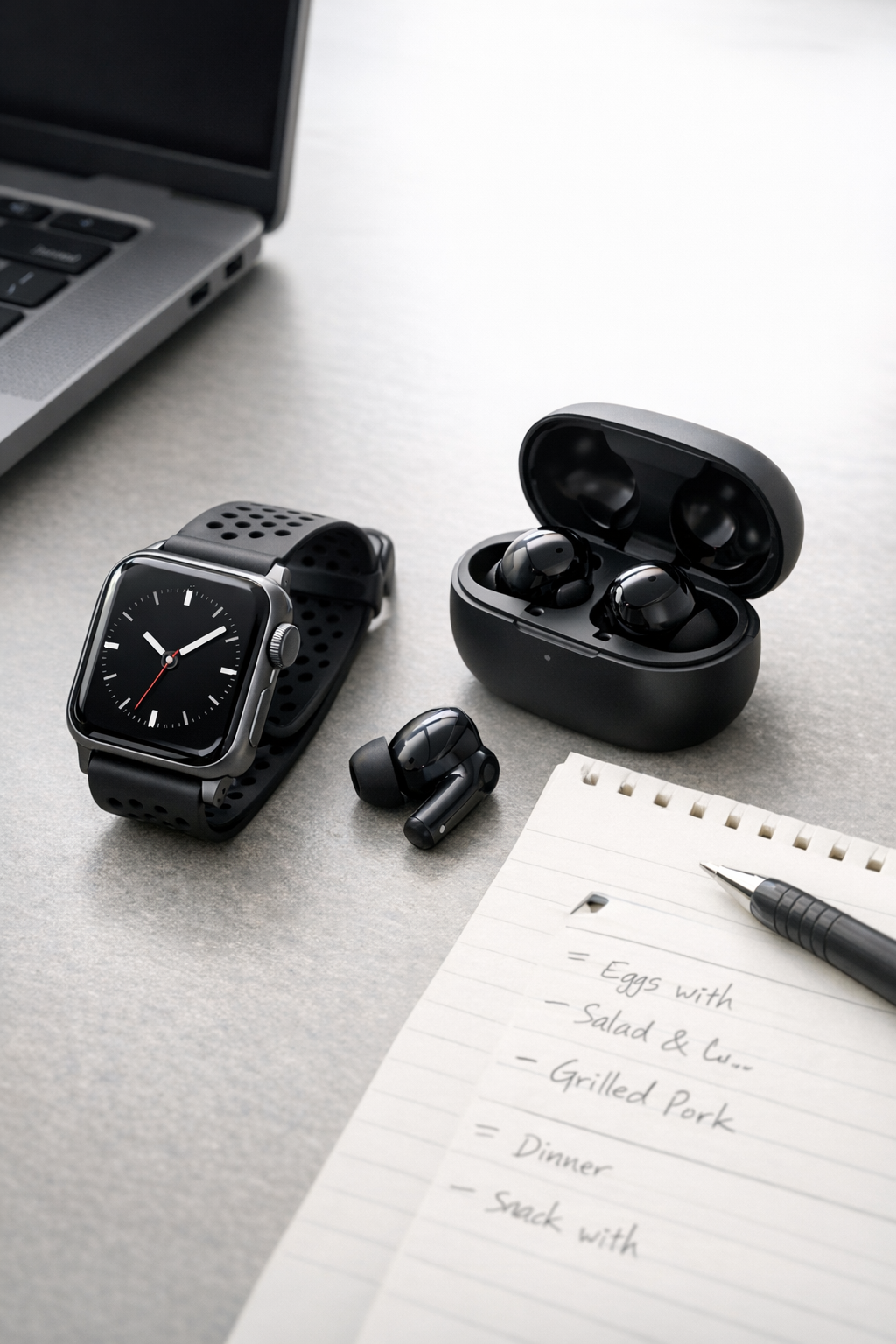 Performance-focused wearable and desk setup